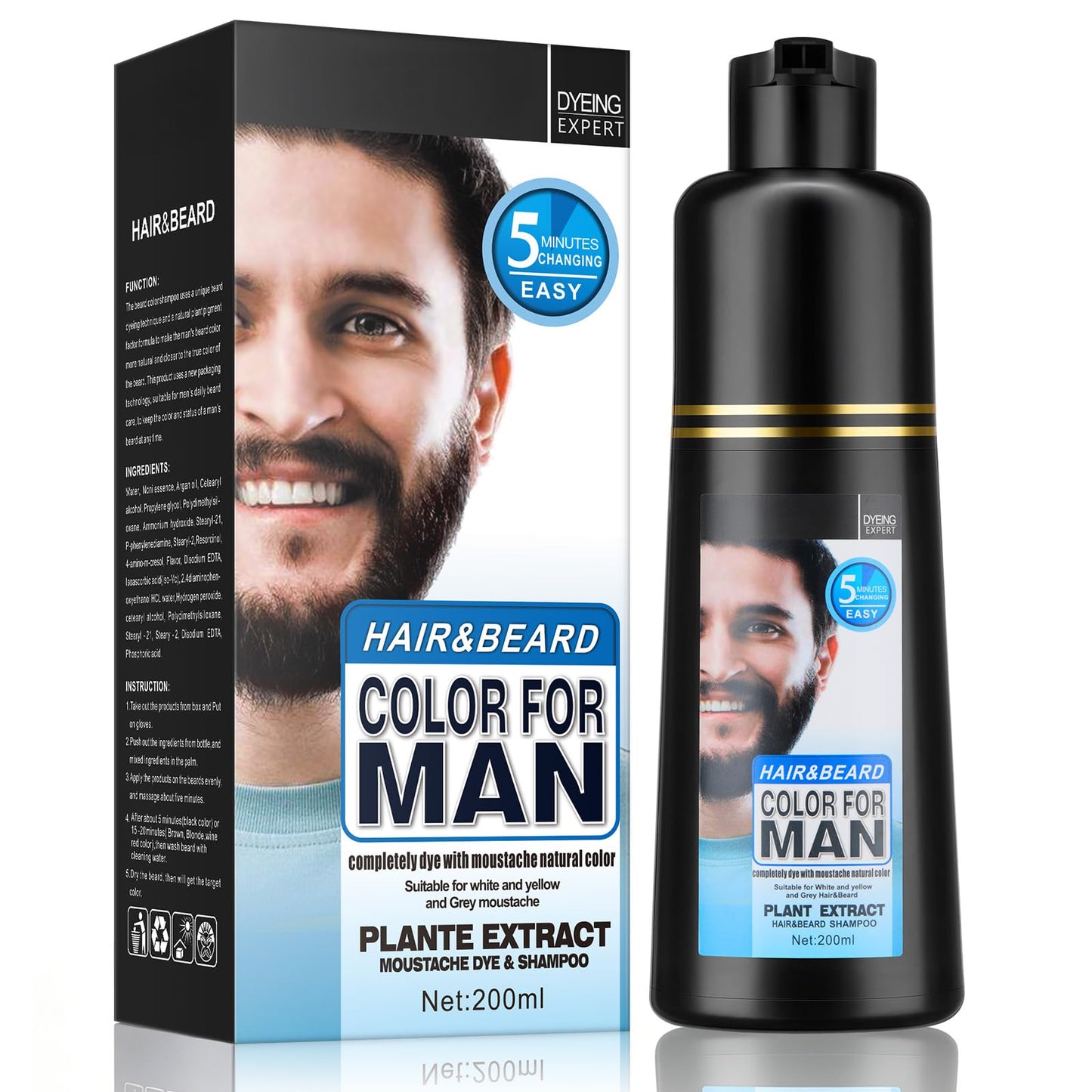 Mens Beard & Mustache Dye Shampoo, Instant 100% Grey Hair Coverage, Long-Lasting Natural Herbal Beard Coloring for Gray Hair, 3-in-1 Dye, Shampoo & Conditioner,200ML
