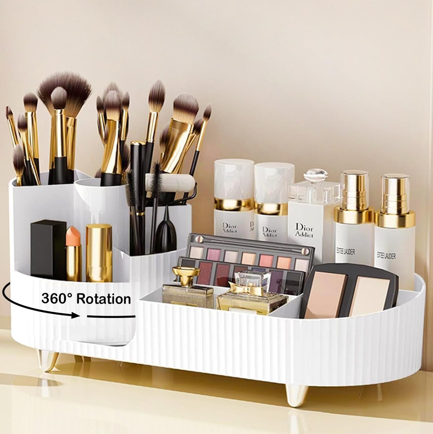 Rotating Makeup Organizer - Large Spinning Vanity Storage with Brush Holder | Black Cosmetic Display Case