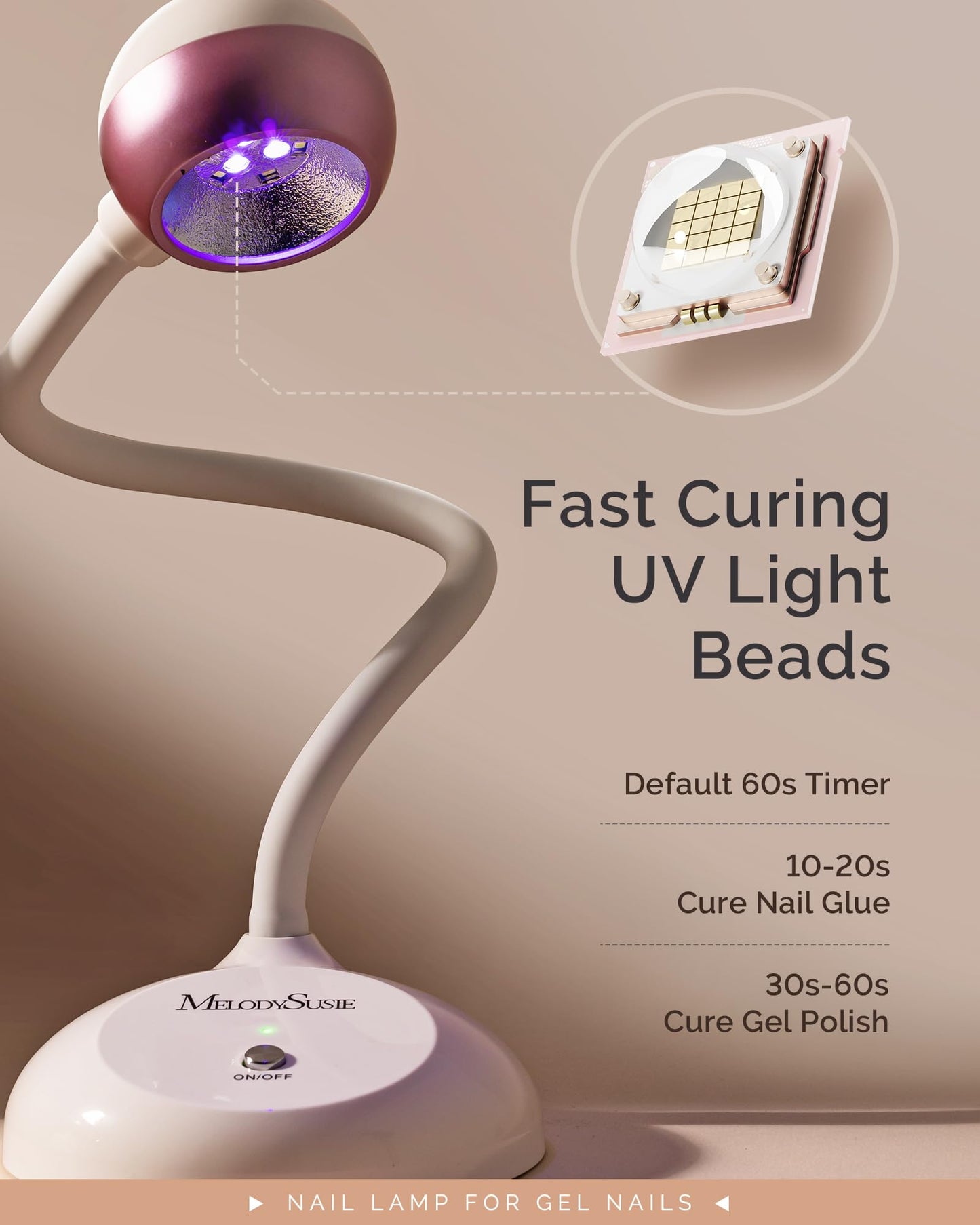 MelodySusie Gooseneck Cordless UV Nail Lamp with Adjustable Light Angle, S-Pro09M 2-in-1 Rechargeable Fast Curing Nail Dryer Cures All Gels, Especially Rhinestone Glue & Liner Gel Polish