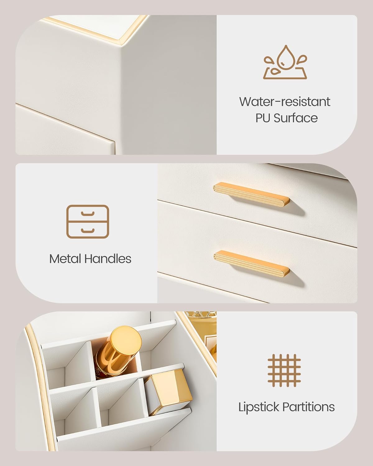 Makeup Organizer - 3-Layer PU Leather Storage Box with Drawers | Easy to Clean Vanity Display Case - Cream