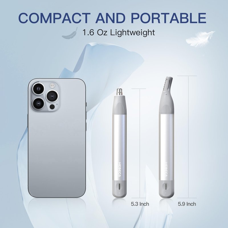 HEBECA Nose Hair Trimmer for Men Women 2in1 Facial Hair Removal Trimmer - Metal Body, Rechargeable, Waterproof, Portable - Nose, Ear, Eyebrow, Peach-Fuzz, Lips, Chin (Silver)