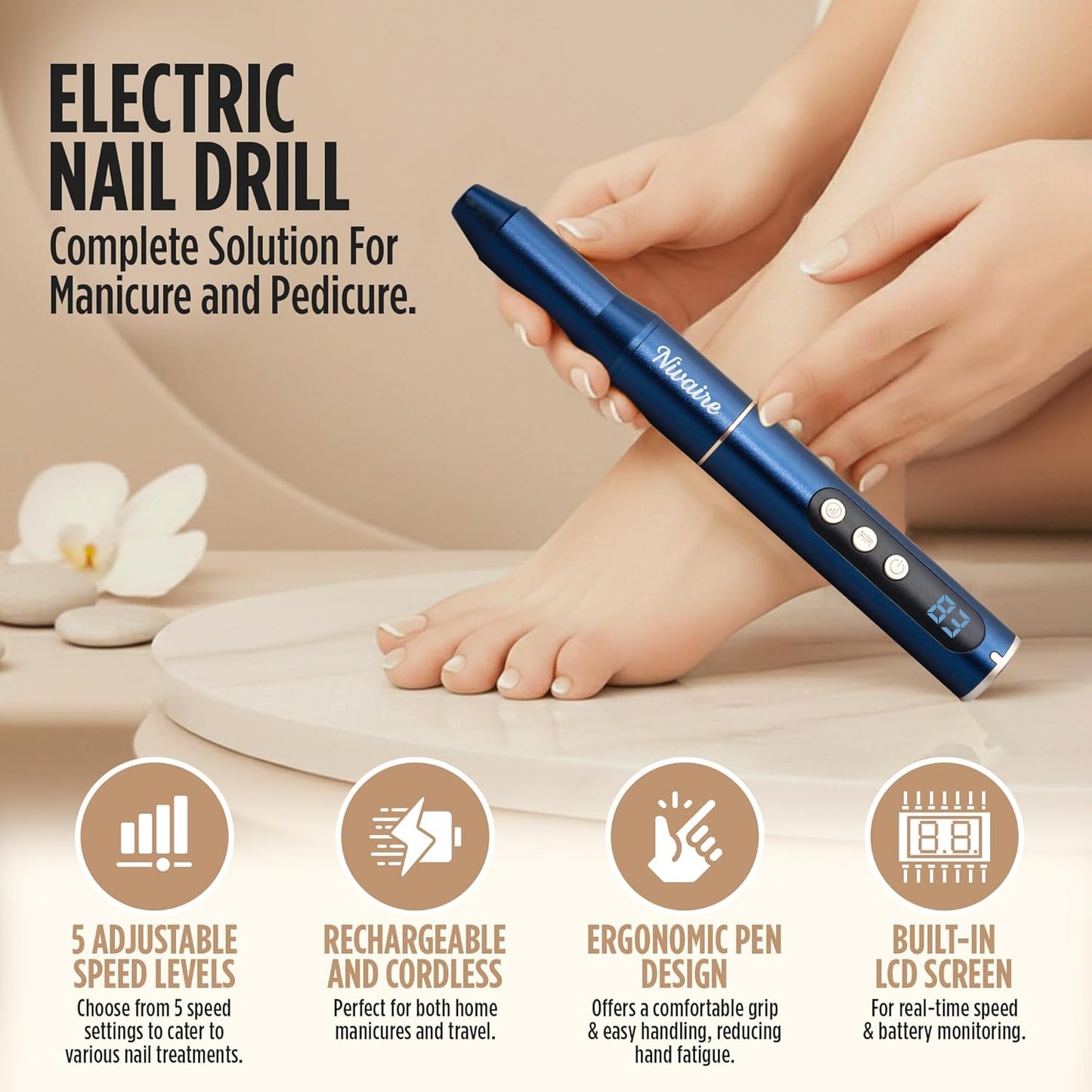 Cordless Nail Drill Professional Kit - Electric Nail Filer with 8 Drill Bits & 5 Speed Levels | Portable Rechargeable Manicure Set (Navy Blue)