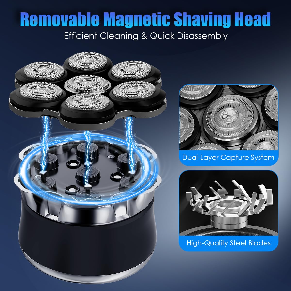 Head Shavers for Bald Men, 7D Floating Electric Razor with Magnetic Detachable Head, Smooth Close Shave for Head & Face, IPX7 Waterproof Wet/Dry, LED Display, Travel Lock, USB-C Fast Charging