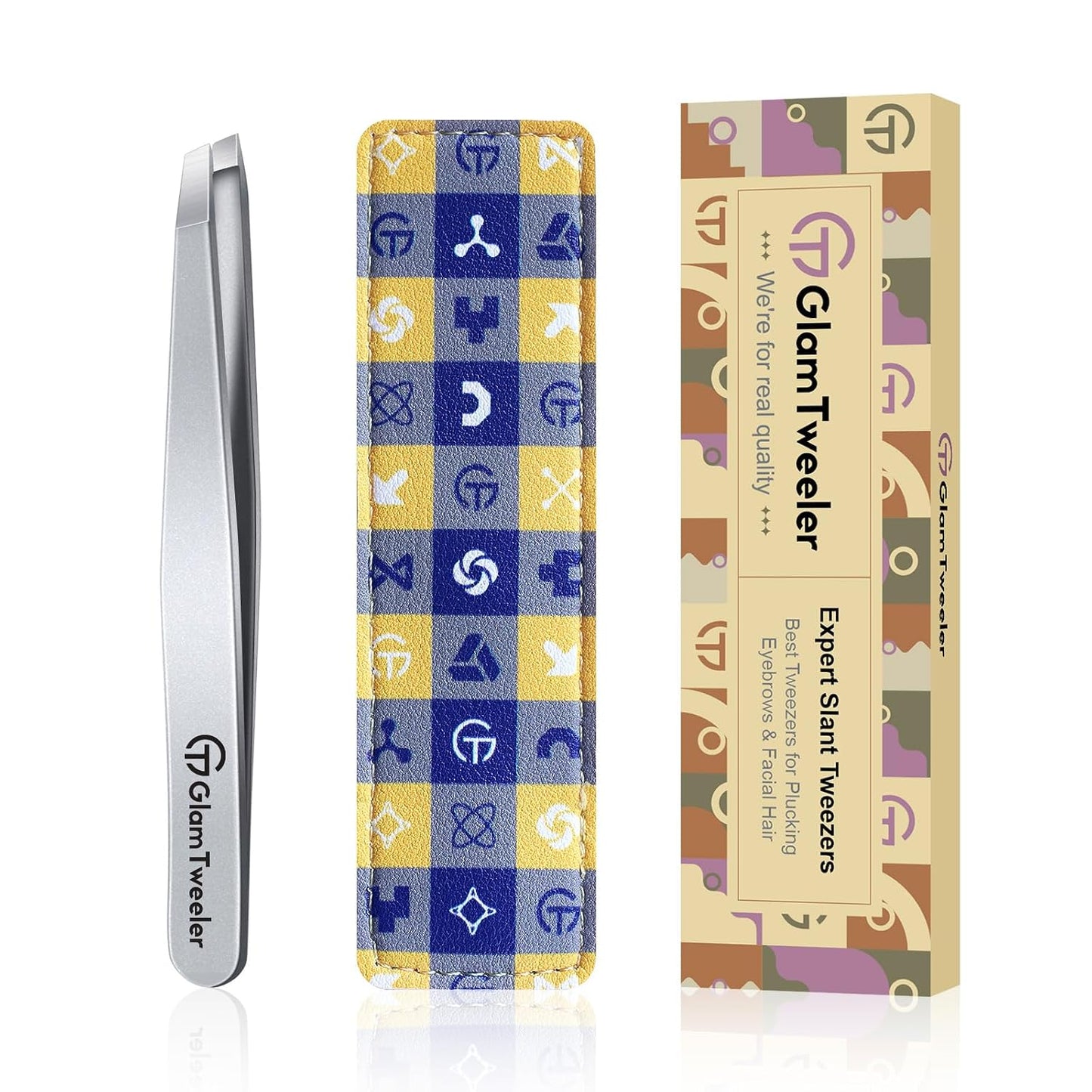 Expert Slant Tip Tweezers - Precision Stainless Steel for Eyebrow & Facial Hair Removal | Includes Leather Case (Silver)