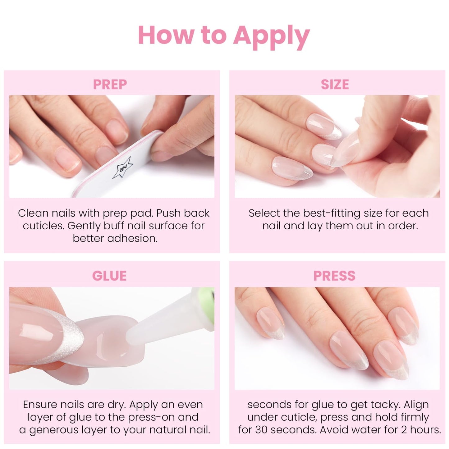 Press On Nails - Black Glitter French Tip Almond Shape | Reusable Glossy Finish in 16 Sizes - 32 Nail Kit for Women