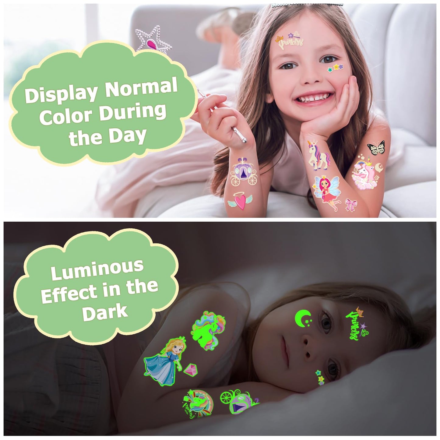 252+ PCS Glow Unicorn Princess Temporary Tattoo for Kids, 36 Sheets Rainbow Castle Candy Star Prince Fake Tattoos Sticker for Girls Boys, Luminous Birthday Magic Fairy Theme Party Favors Decoration