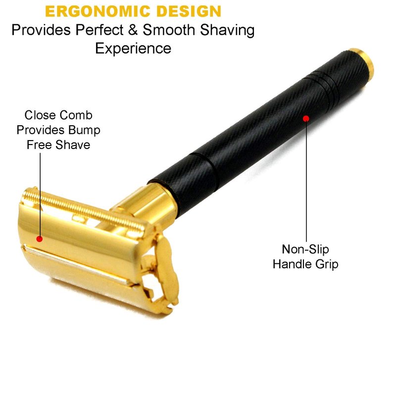 Krisp Beauty Double Edge Safety Razor - Butterfly Open Long Handled Men's Beard Shaving Razor with 5 Premium Blades