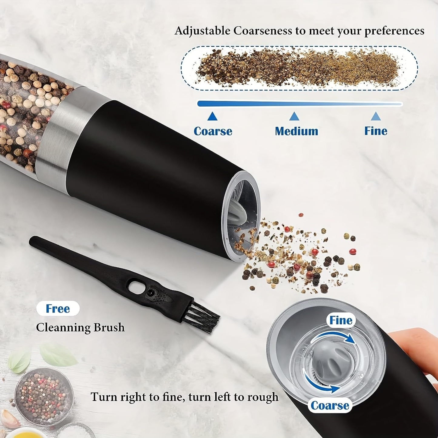 1pc Electric Salt and Pepper Grinder Set, Battery Powered LED Light One Hand Automatic Operation, Adjustable Coarseness Mill Grinders Shakers Black, Kitchen Gadgets Gift Ideas