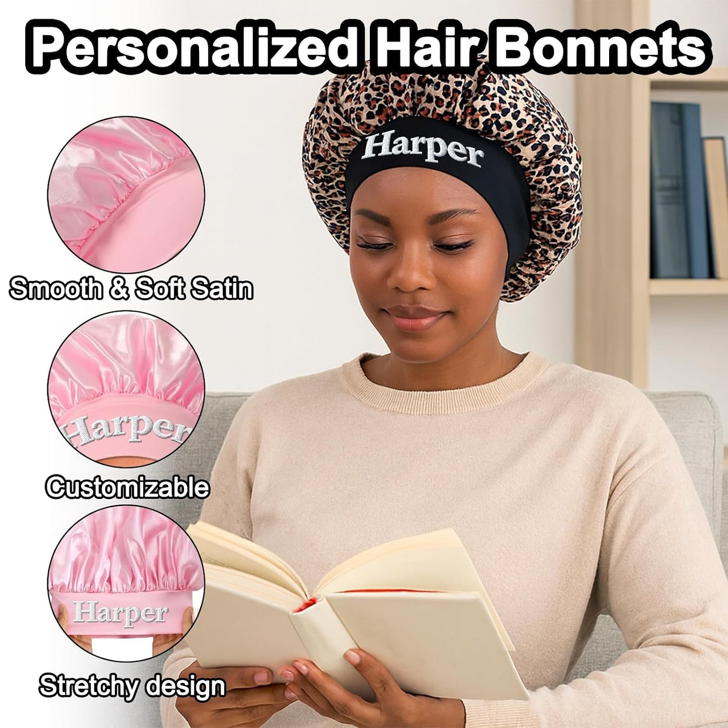 Personalized Silk Hair Bonnet - Custom Embroidered Name | Satin Sleep Cap for Curly Hair