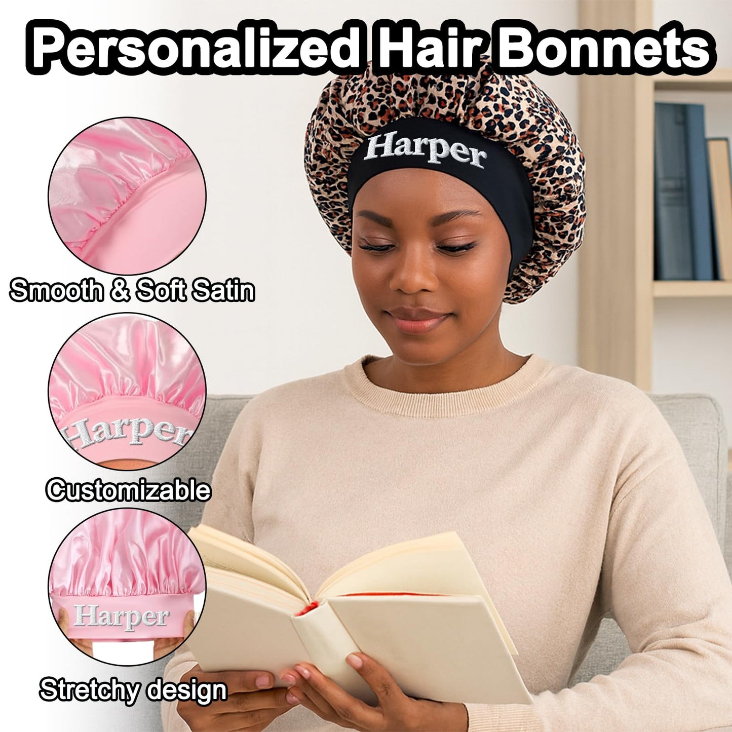 Personalized Hair Bonnet for Sleeping Women Valentines Day Gifts Custom Embroidered Name Silk Bonnets for Women Girls Satin Bonnet Elastic Band Sleep Cap Curly Hair