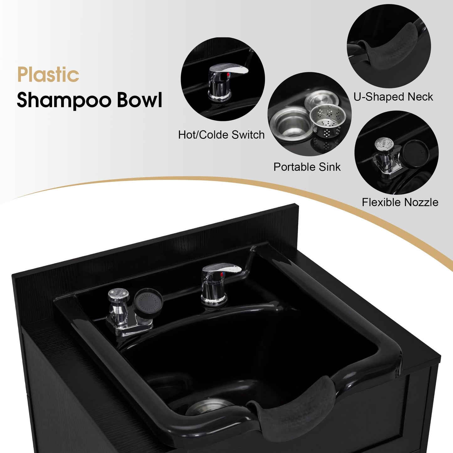 BarberPub Barber Storage Shampoo Station, Spa Textured Embossed Cabinet with Shampoo Bowl & Drawers, Hair Salon Sink Backwash Equipment 7131 (Black)