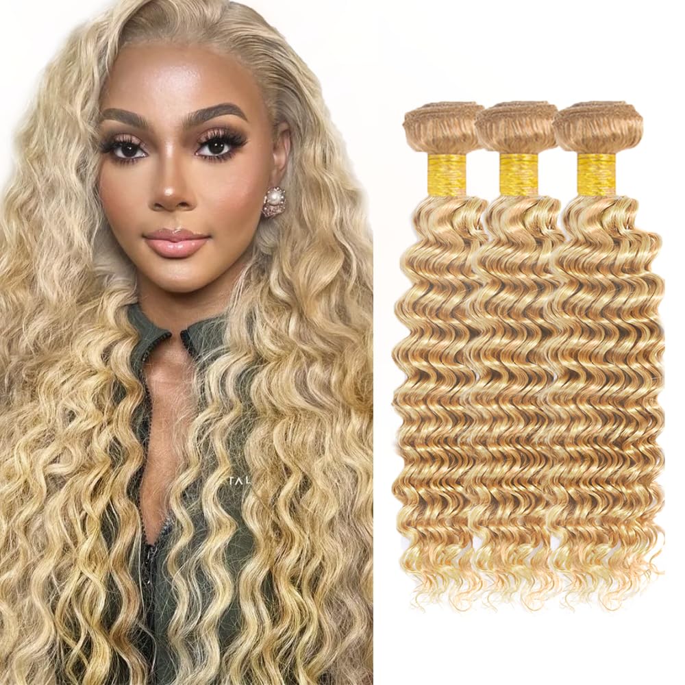 P27/613 Blonde Bundles Human Hair Deep Wave Bundles 30 30 30 Inch Highlight Honey Blonde Deep Wave Bundle Unprocessed Brazilian Virgin Weave Hair 3 Bundle 50 Gram Per Bundle