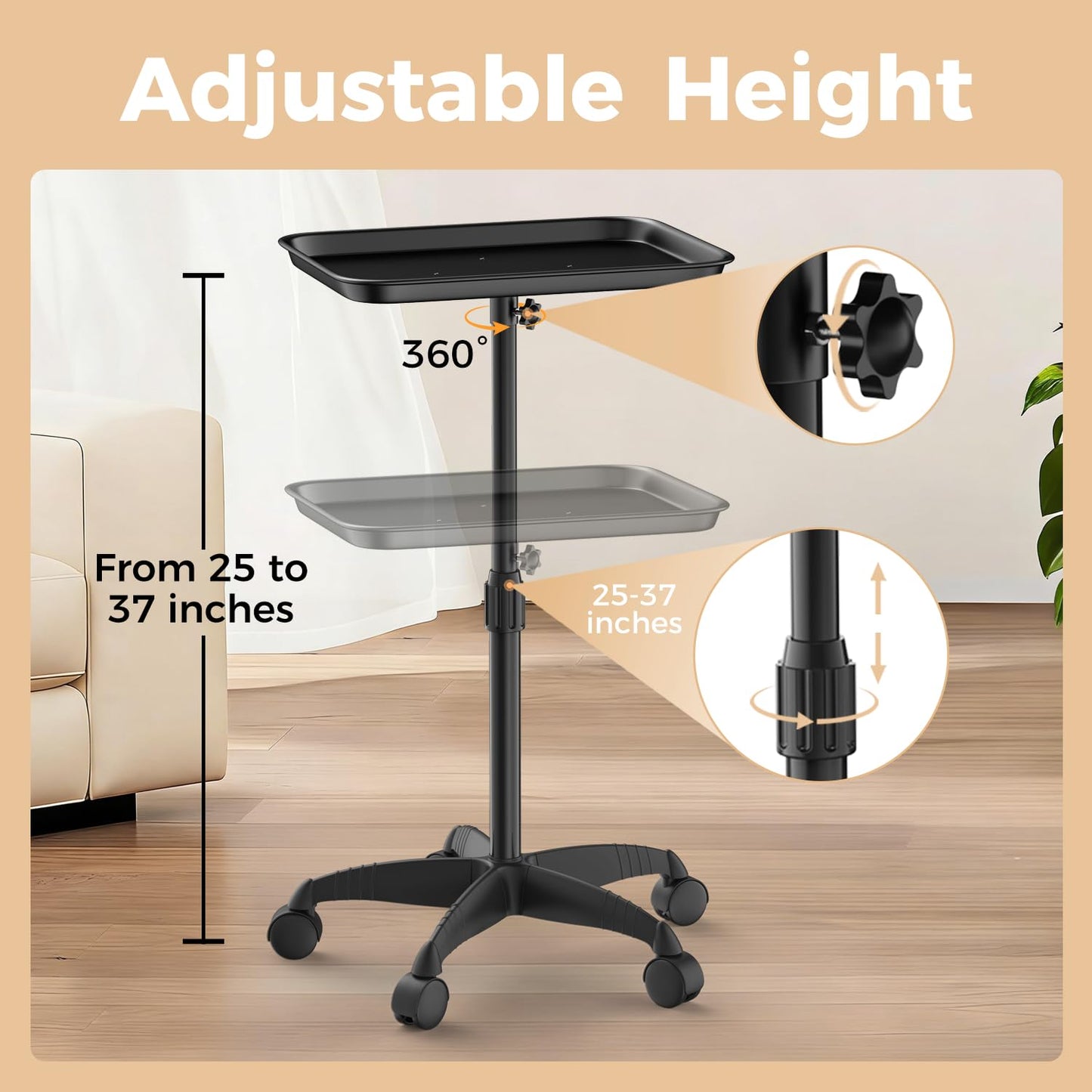 VERYTOP Rolling Salon Tray on Wheels - Adjustable Height 25"-37" Tattoo Tray, Premium Aluminum Easy Assembly Salon Trolley Cart for Clinic Spa Tattoo Studio Elderly Care Home Use(37inch)