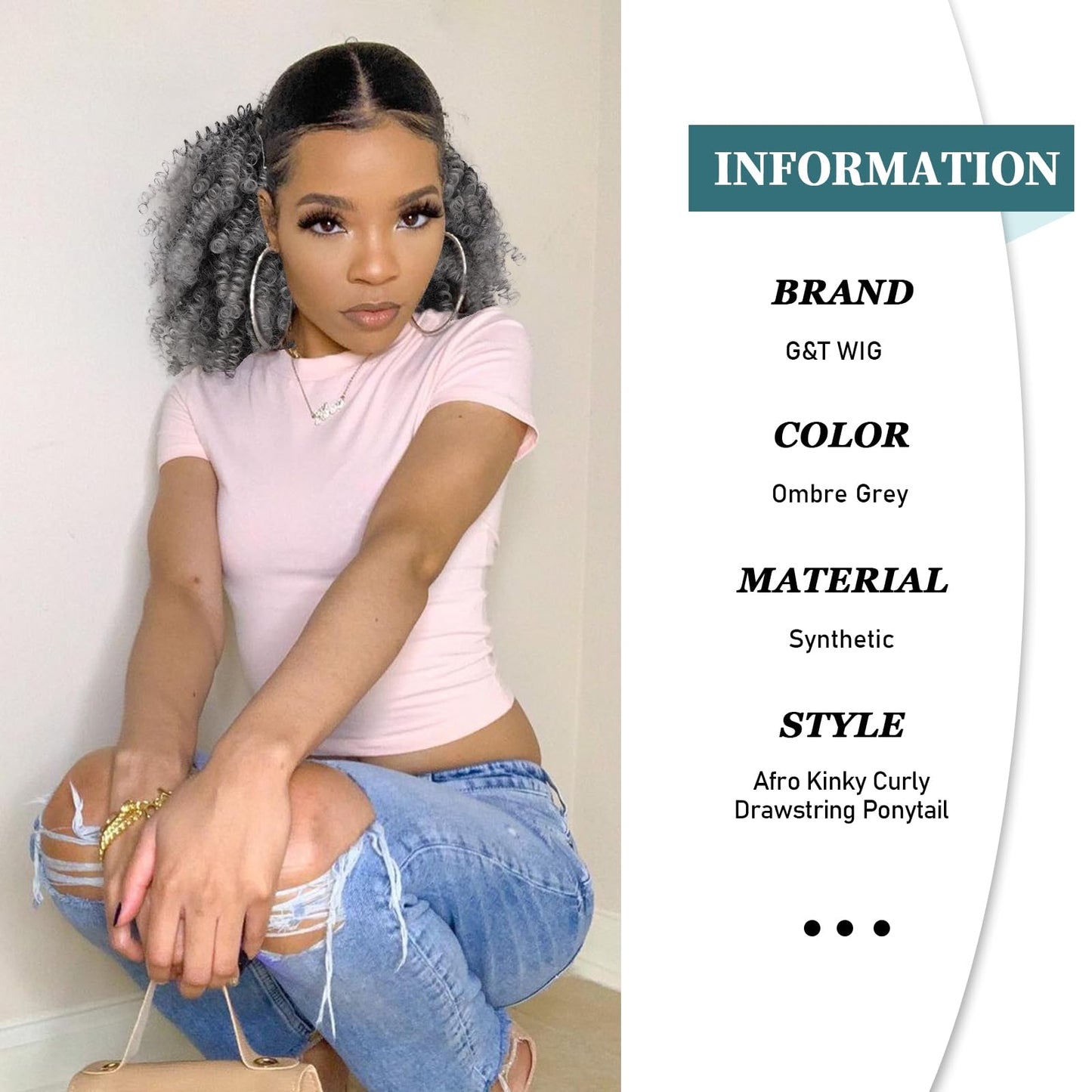 G&T Wig Afro Kinky Curly Drawstring Ponytail Extension for African Black Women Short Afro Puff Curly Synthetic Hairpieces for Daily (Ombre Grey)