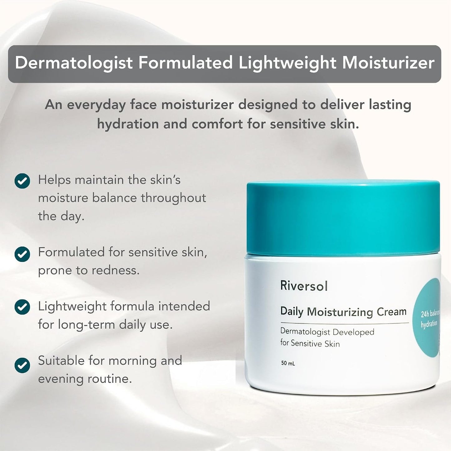 Riversol Rosacea Cream - Face Moisturizer for Dry & Sensitive Skin | Redness Relief & Anti-Aging Hydration | Fragrance-Free, 4-Month Supply