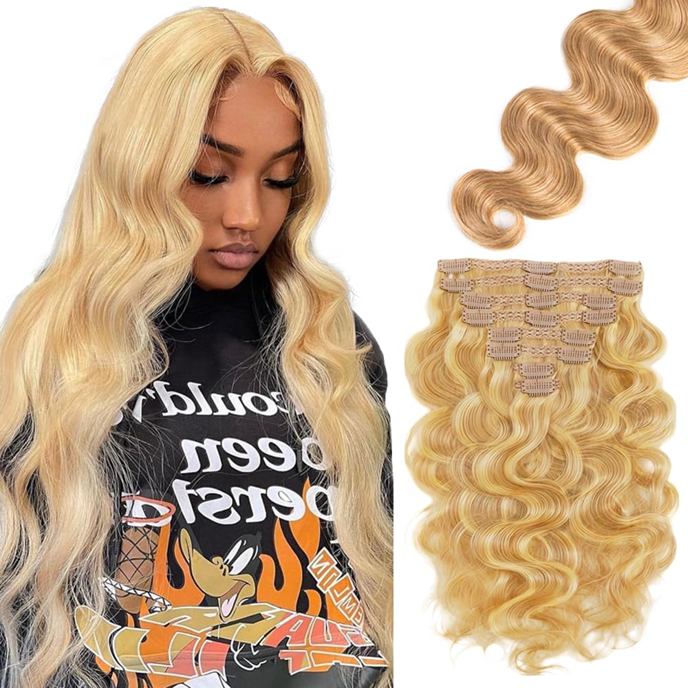 P27613 Blonde Clip in Hair Extensions Real Human Hair, 14 Inch 120g/7Pcs,Full Shine Remy Human Hair,Honey Blonde Body Wave Clip ins Brazilian Virgin Human Hair Extensions