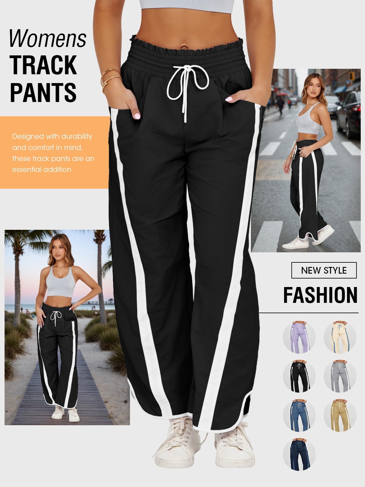Fisoew Women's Baggy Wide Leg Pants Casual Drawstring Elastic Waisted Contrast Color Workout Y2K Track Pants Black