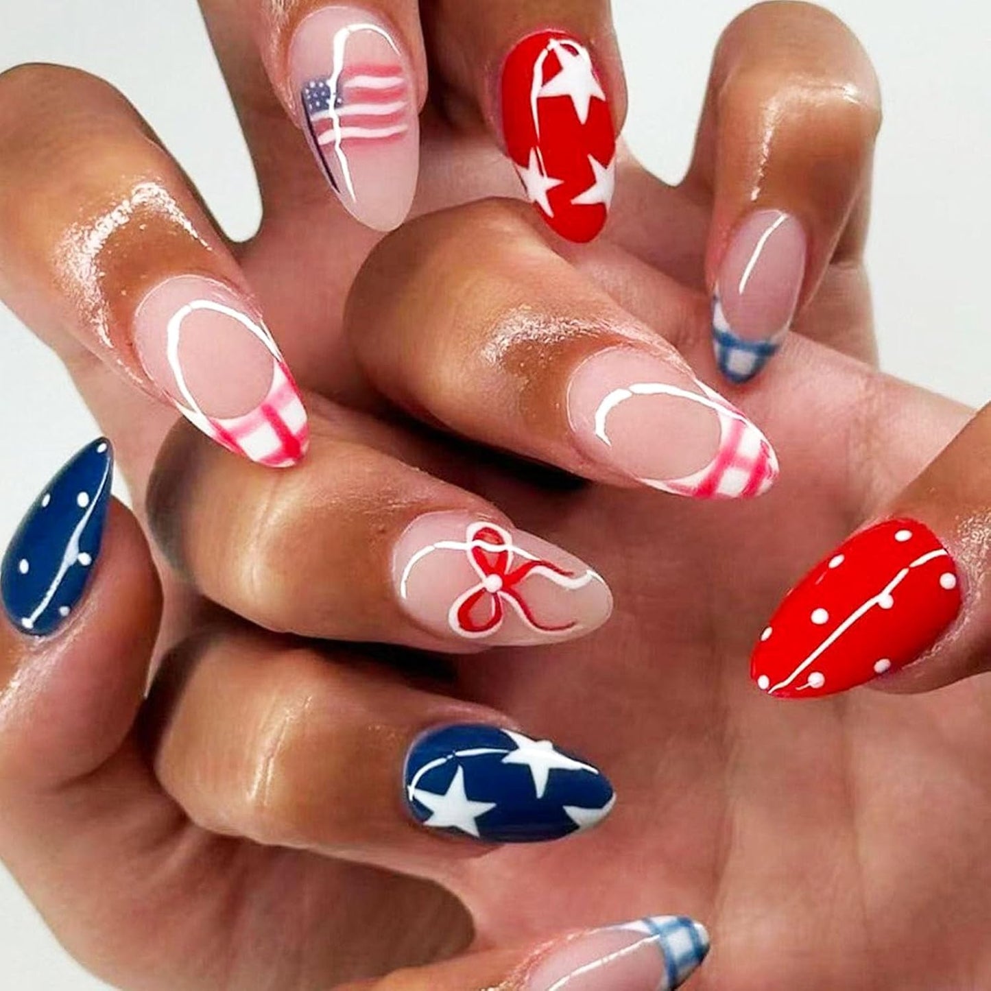 Press On Nails - Short Square Red, White & Blue Acrylic Nails with Glitter Stars | 4th of July Designs, 24 Pcs