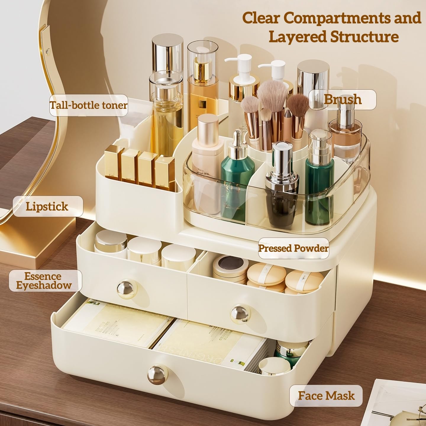 Makeup Organizer with Drawers and 360° Rotating Brush Holder,make up organizers for counter,Large Capacity Cosmetic Storage for Vanity,Skincare,Perfume