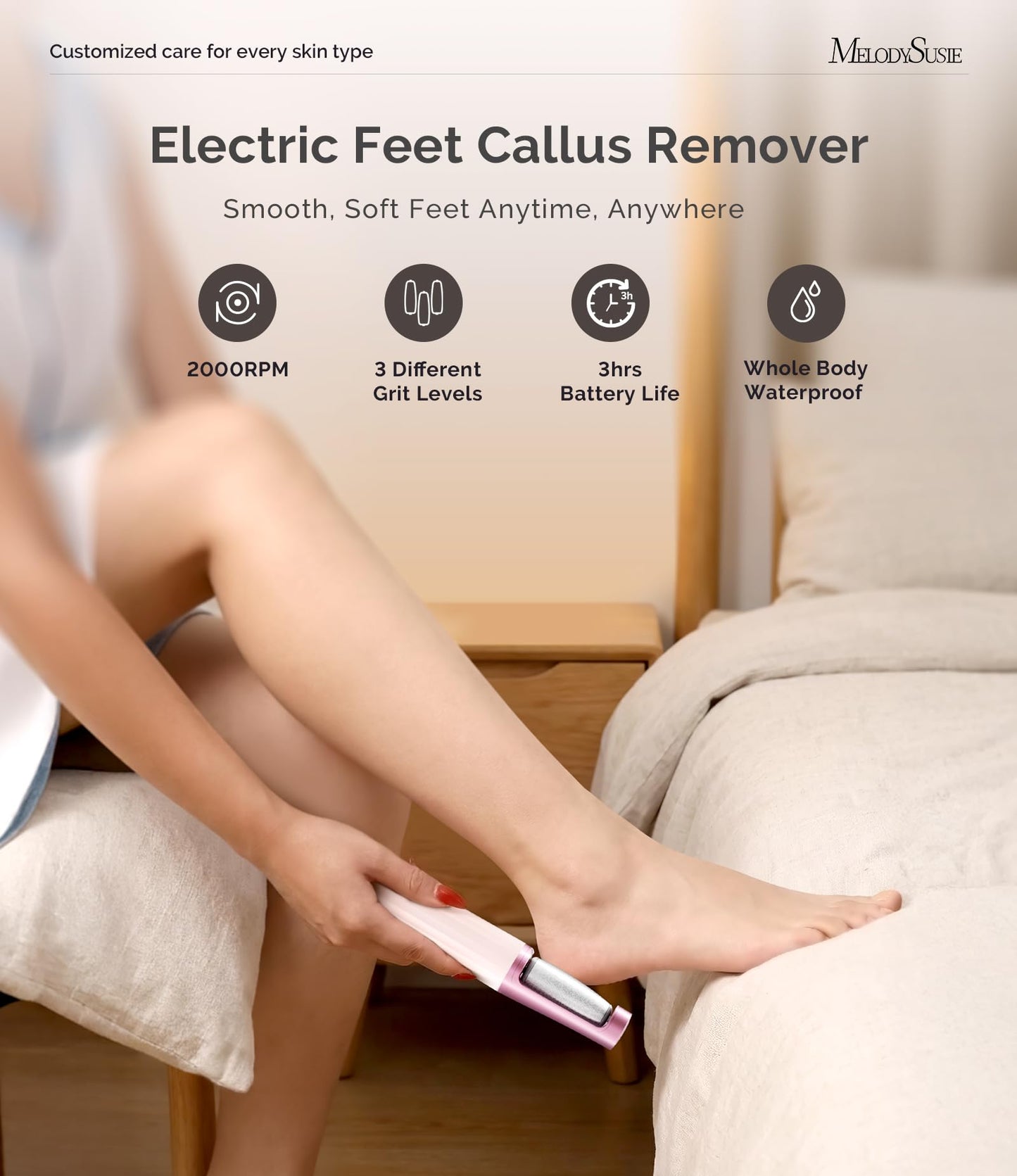 MelodySusie Electric Callus Remover for Feet, PC800G Waterproof Rechargeable Pedicure Tool with Light & 3 Different Grits Roller Heads & Adjustable Speeds, for Dead Skin & Cracked Heel (Pink Rose)