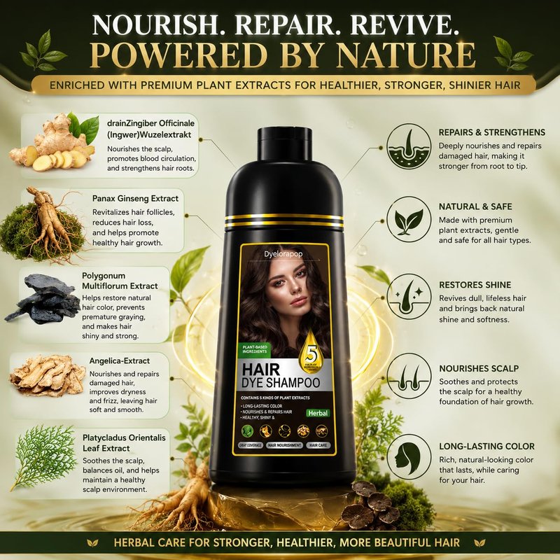 Hair Dye Shampoo 5 in 1 - Herbal Gray Coverage for Women & Men | Nourishing Semi-Permanent Formula, 500ml (Chestnut Brown)