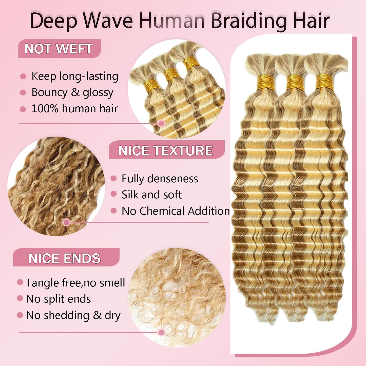 P27/613 Highlight Human Braiding Hair for Boho Braids 150g 3 Bundles 34 34 34 Inch Honey Blonde Deep Wave Bulk Hair P27613 Curly Human Hair Extensions for Braids Wet and Wavy Braid