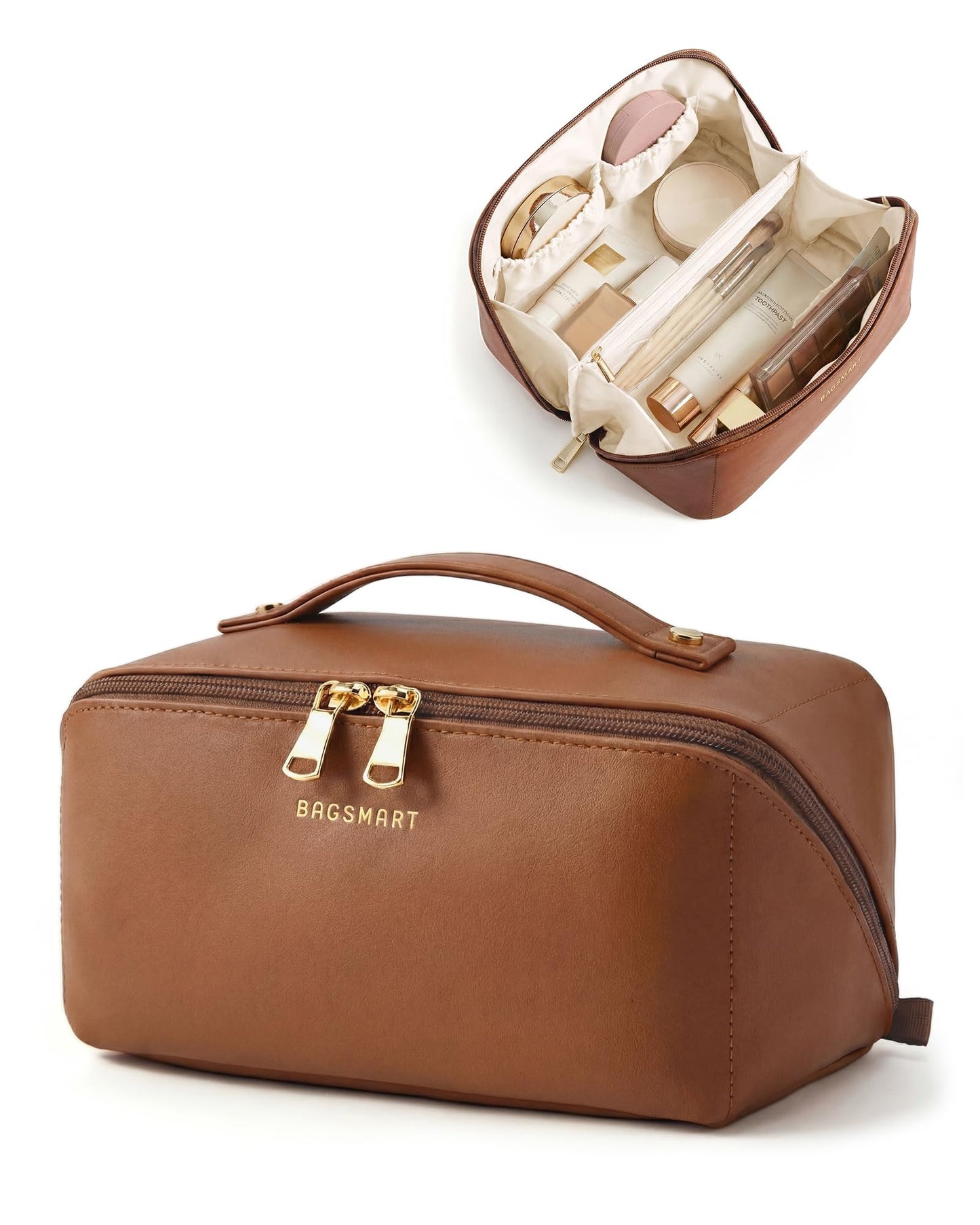 BAGSMART Makeup Bag Travel Cosmetic Bag, Large Make Up Bag Flat Open Toiletry Bag for Women, PU Leather Travel Essentials Organizer Case, Wide-open Pouch Purse for Skincare, Brushes, Coffee Brown