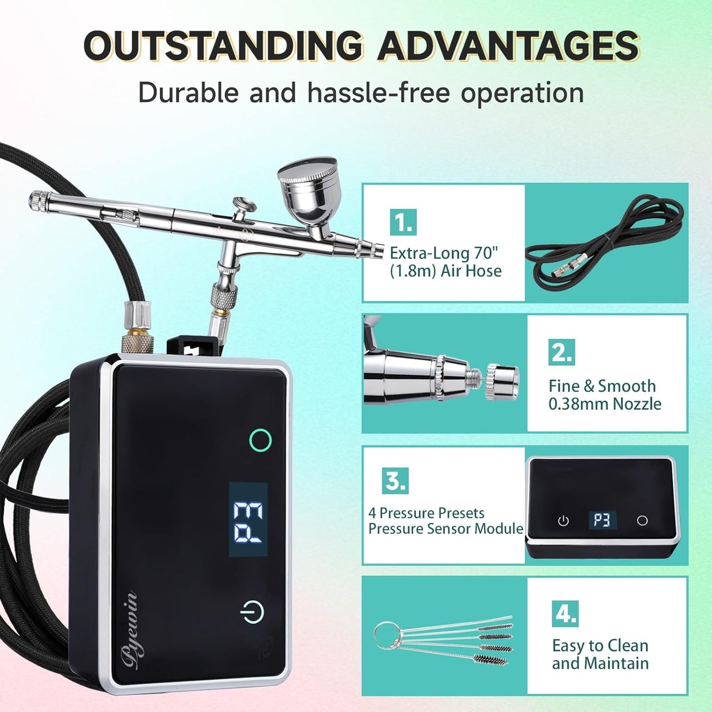 Cordless Airbrush Kit - 32PSI Portable Handheld Air Brush Gun with LED Display & 0.38mm Anti-Clog Nozzle | Rechargeable Set for Model Painting, Nails, Barber, Cake & Makeup