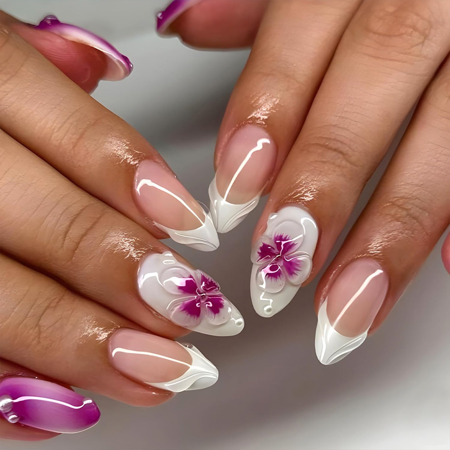 3D Flower Press-On Nails - Medium Square Pink French Tip with Star Rhinestones | Full Cover Artificial Nails for Women