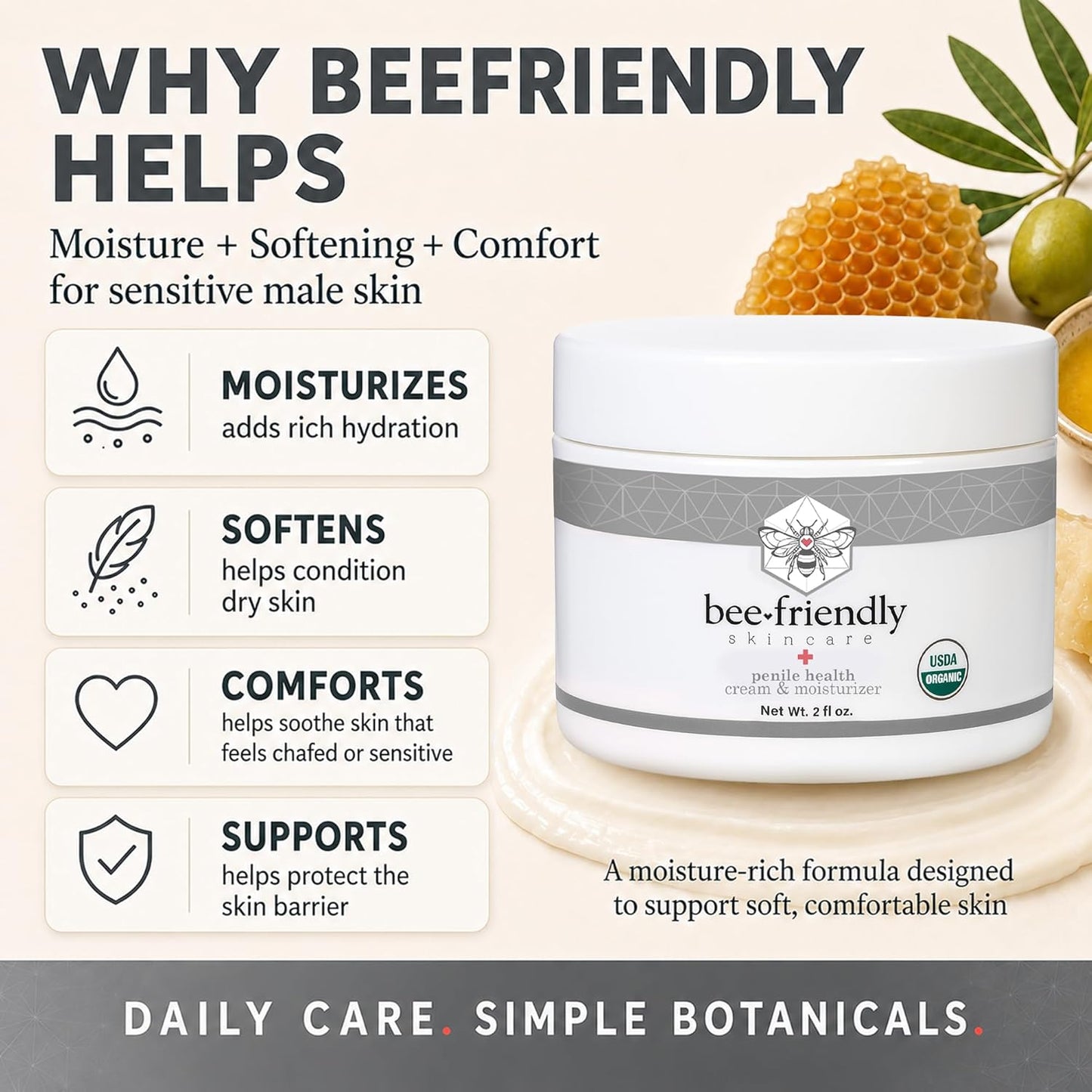 Organic Penile Health Cream - USDA Certified Natural Moisturizer for Dry, Chafed Skin | 2 oz