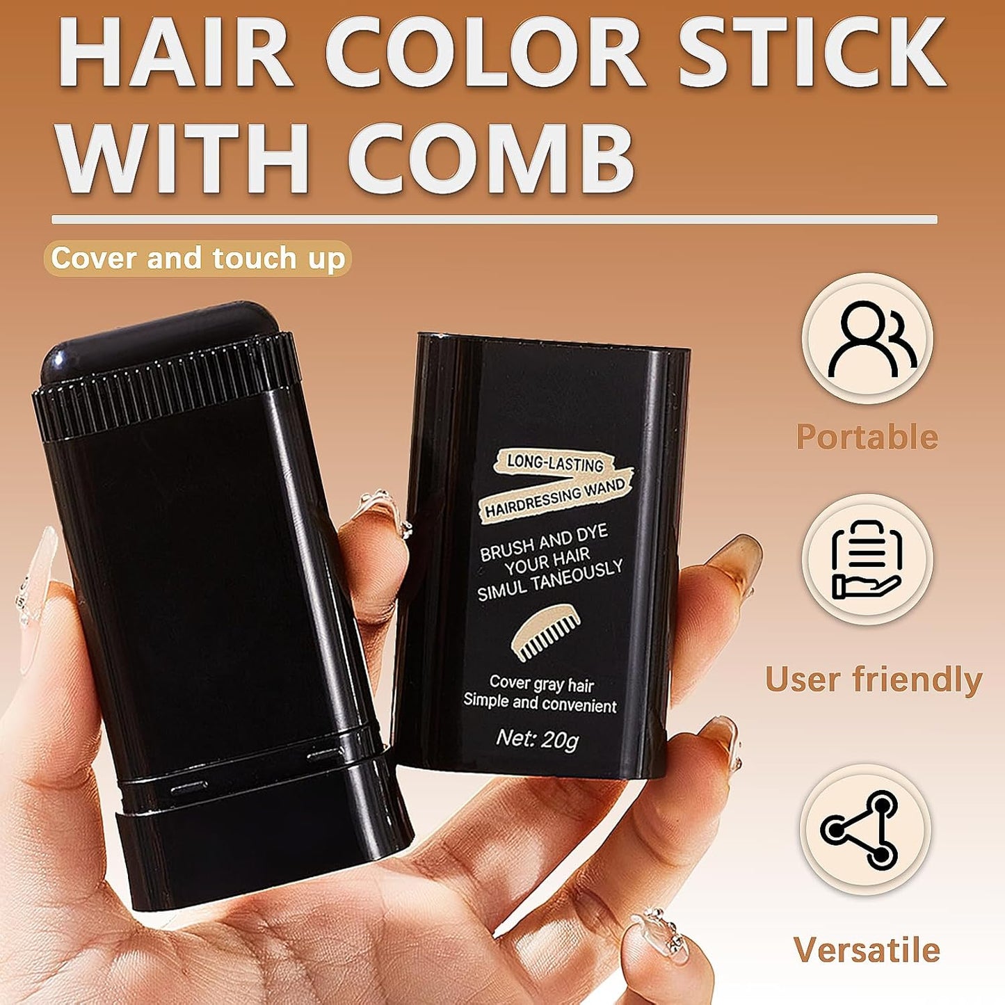 Instant Hair Color Stick & Comb - 2-in-1 Portable Touch-Up for Gray Hair Coverage | Waterproof, Quick Root Dye (Black)