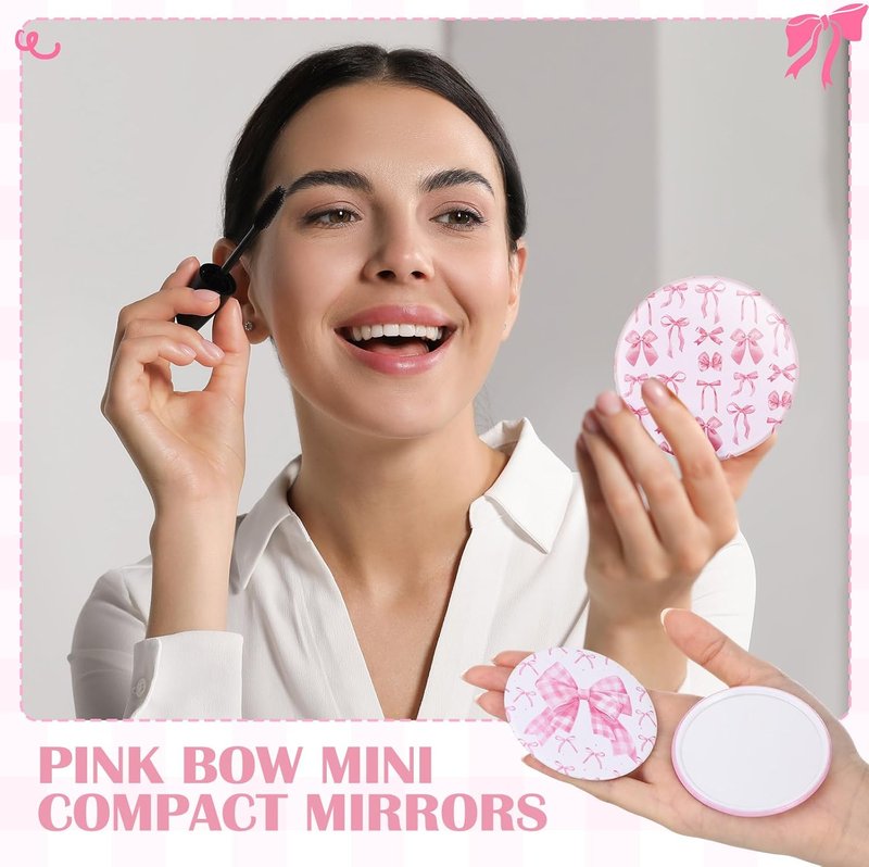 20 Pcs Pink Bow Compact Mirrors - 2.75 Inch Round Portable Makeup Mirrors | Party Favors & Gifts for Women