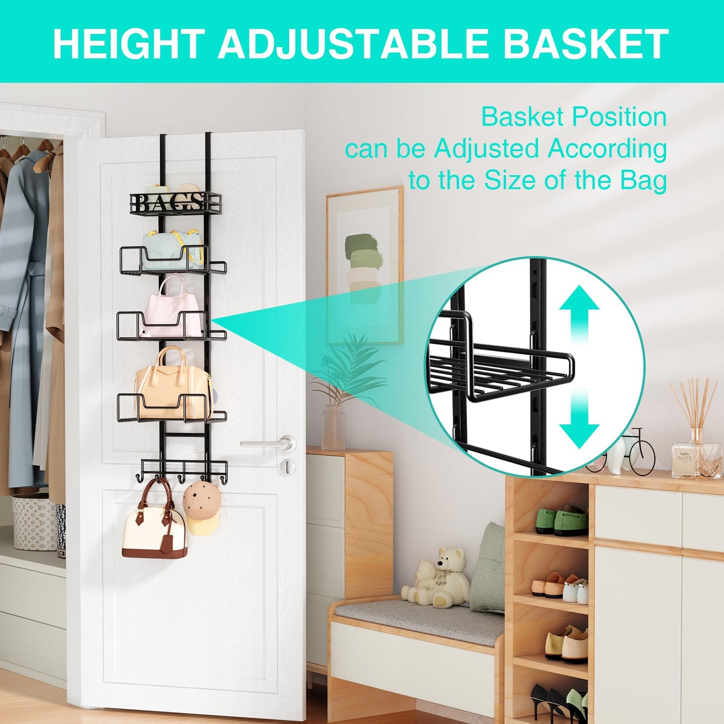 HapiRm Purse Organizer Storage Rack - Floor-Standing 3 Tier Purse Holder with Side Hooks and Transparent Pockets for Handbag Storage, High-Capacity Bag Organizer for Closet, Home, Living Room