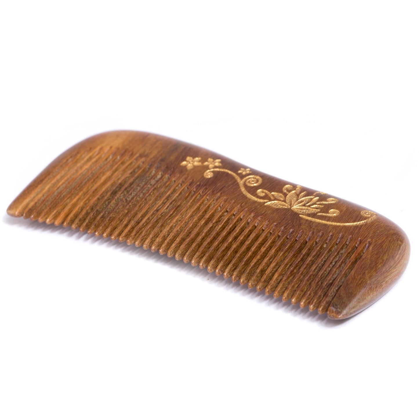 Breezelike Sandalwood Hair Comb - No Static Handmade Wooden Fine Tooth Detangling Comb with Golden Painted Flower