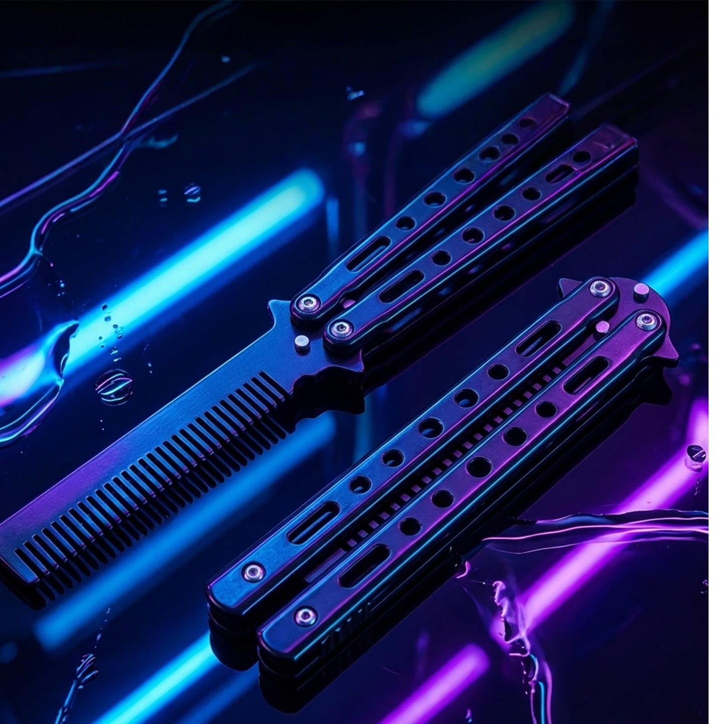 2PCS Automatic Switch Folding Practice Combs Stainless Steel Butterfly Knife Comb Wood Grain and Square Black Switchblade Combs Portable Switch Blade Comb for Men Grooming Travel Outdoor