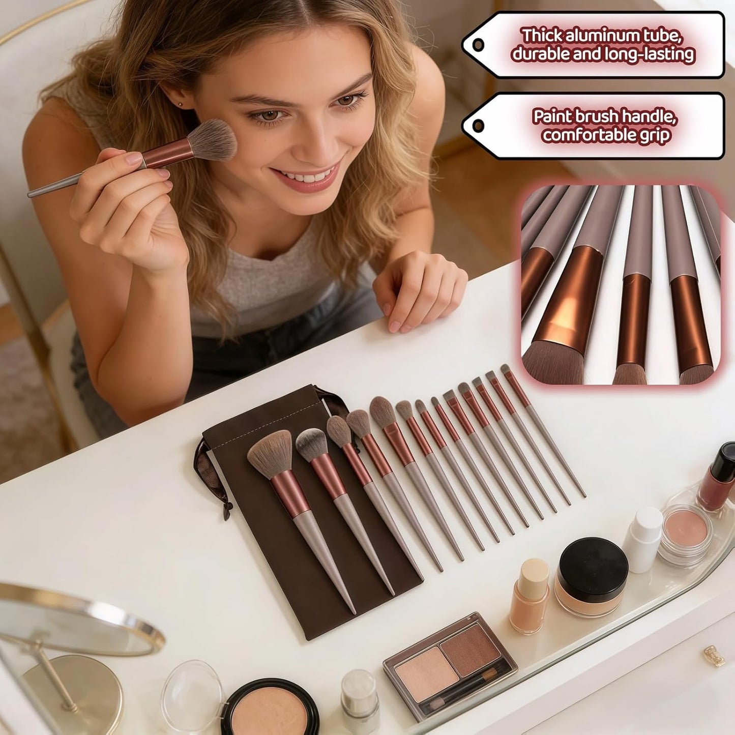 Makeup Brush Set - 13 Piece Professional Cosmetic Brushes | Hypoallergenic Synthetic Bristles for Face & Eye Application (Brown)