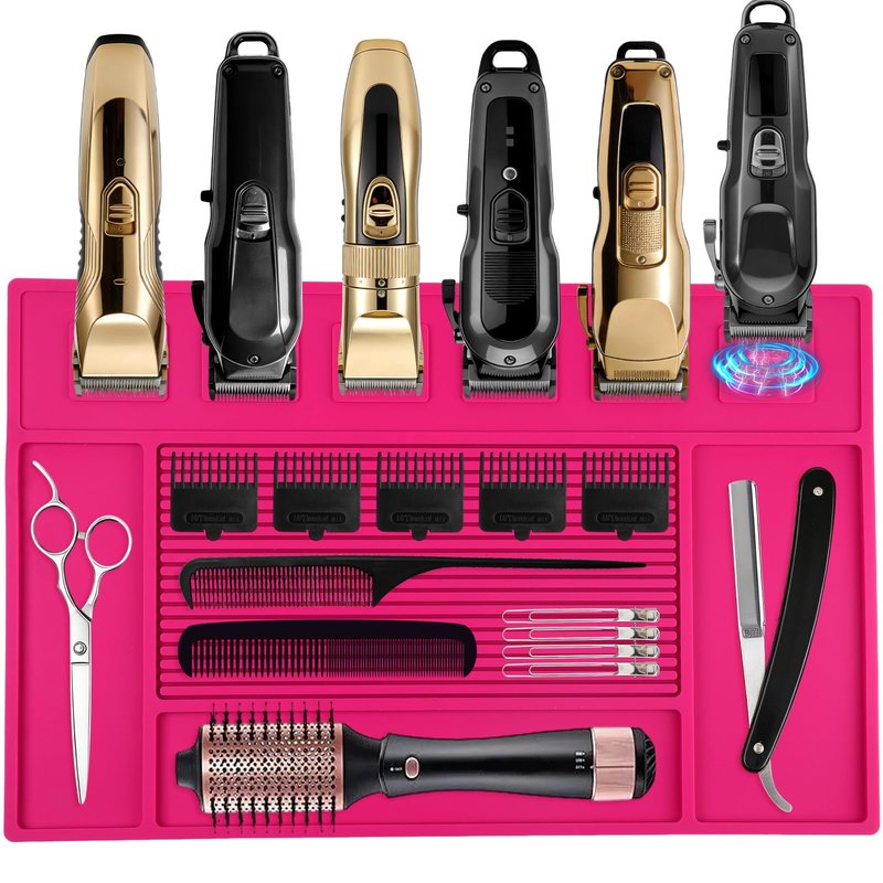 Magnetic Barber Mat, Barber Mats for Clippers with 6 Magnets, Magnetic Tool Mat for Barber Station Table Organizer Barbershop Salon Accessories Pad-Rose