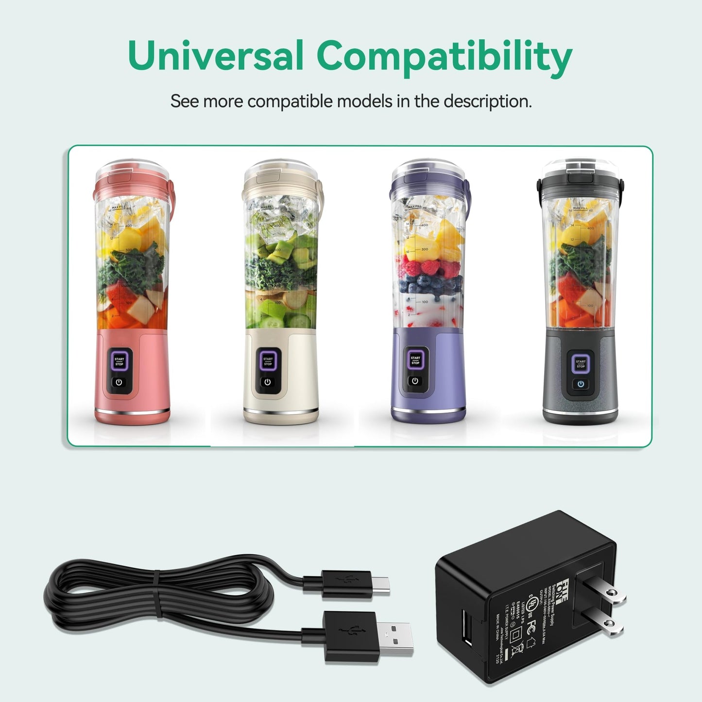 FITE ON Portable Blender USB Charging Cable Cord Compatible with Ninja BC155PS BC151BK BC151CR BC151NV BC151EM BC151PR BC151WH Portable Blender