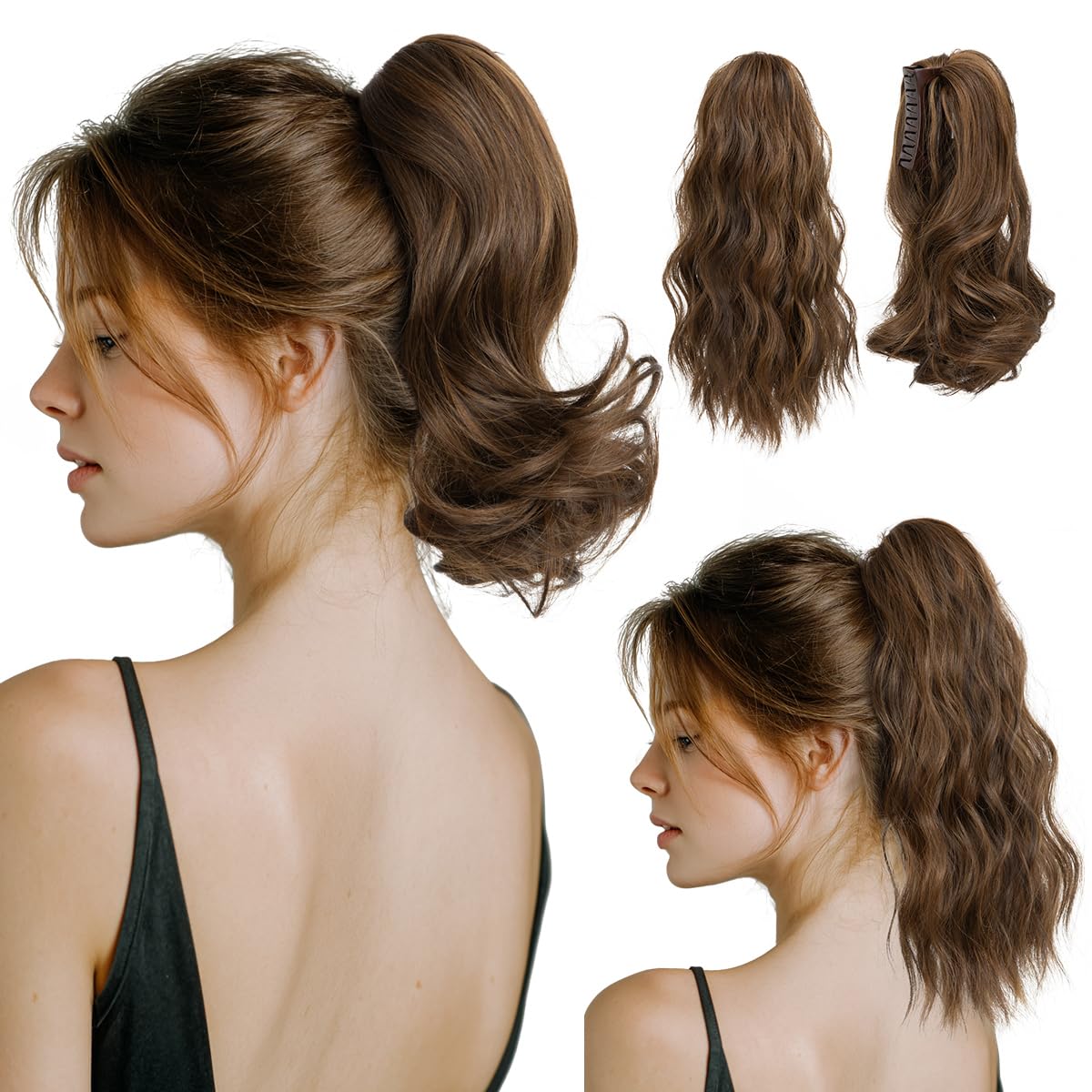 Ponytail Extensions - Wavy Curly Claw Clip Hairpieces for Women | 12" & 14" Beige Multi Set