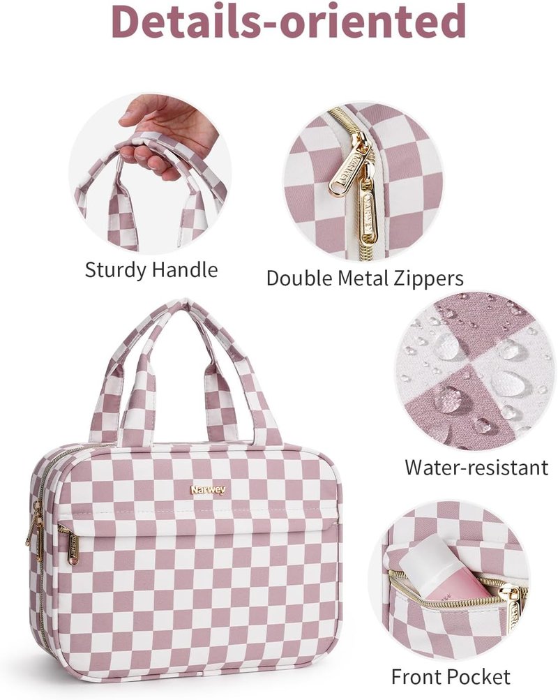 Hanging Toiletry Bag for Women - Checkered Travel Makeup Organizer | Medium Dusty Pink Checkerboard