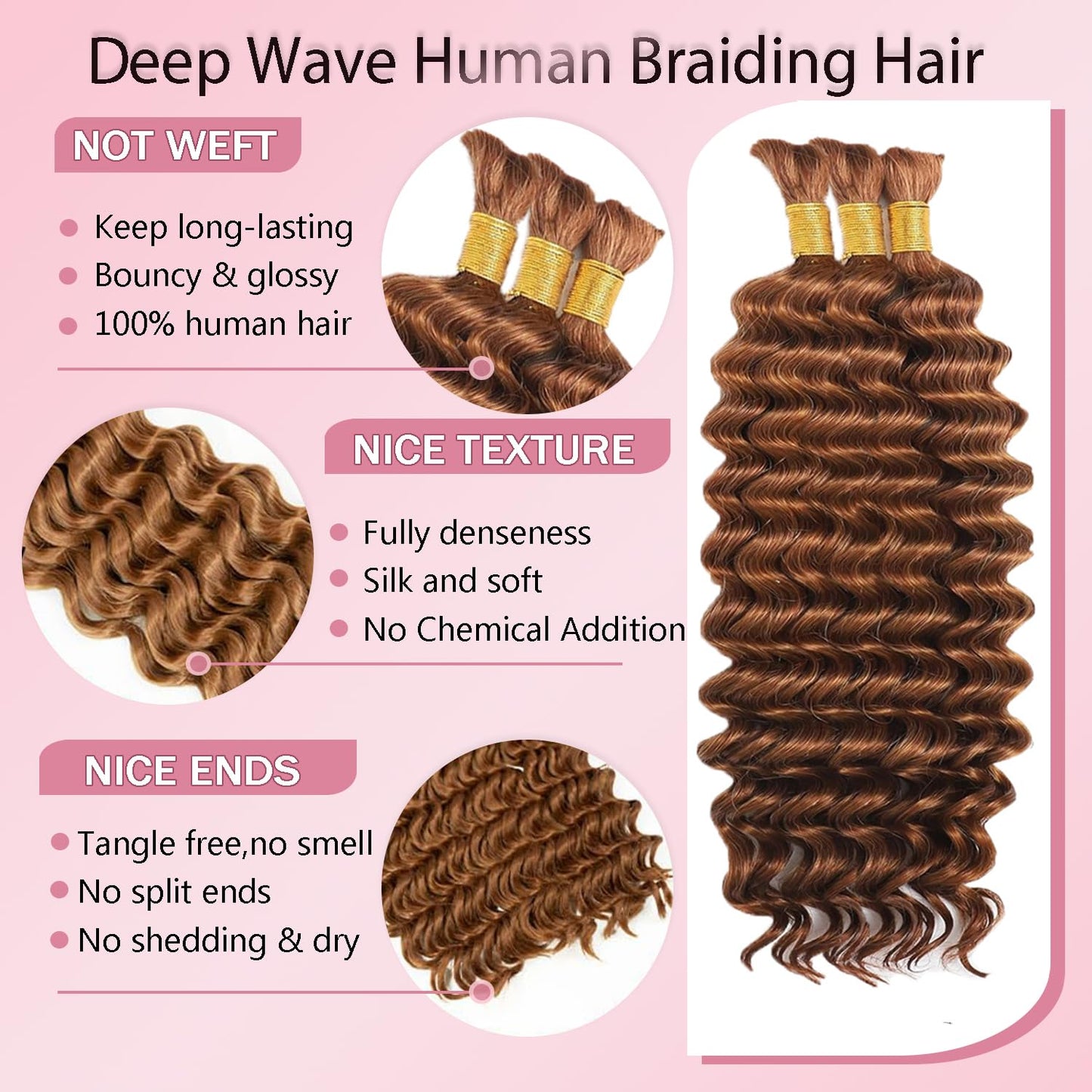 #30 Brown Human Braiding Hair for Boho Braids 20 20 20 Inch Color 30 Deep Wave Bulk Hair No Weft Light Brown Curly Human Hair Extensions for Braids 3 Bundles 150g