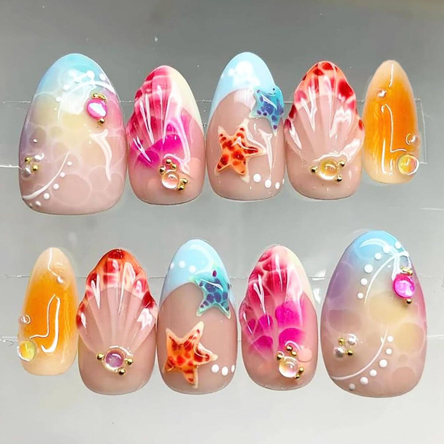 Almond Press-On Nails - 30 Pcs Medium 3D Gold Star Design | Glossy Full Cover Butterfly Acrylics