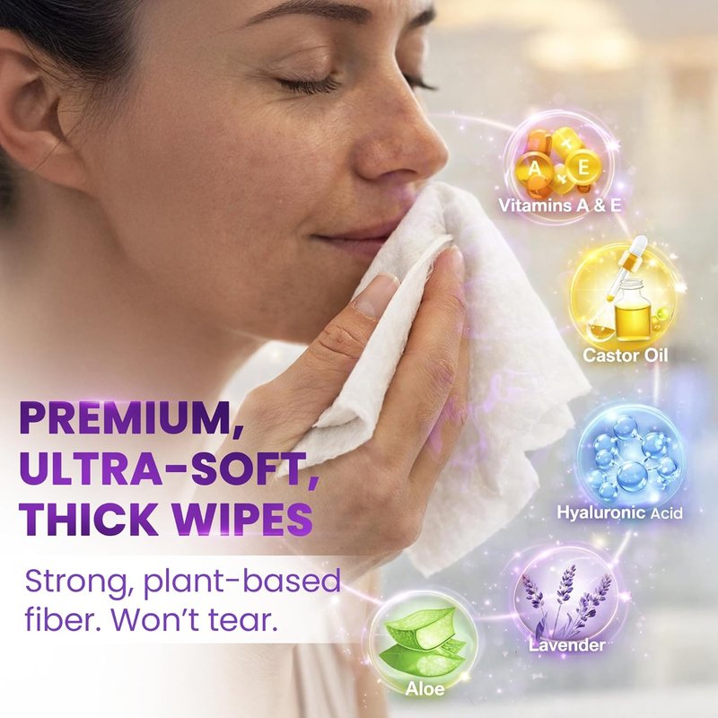 Lavender Face Wipes - Gentle No Rinse Makeup Remover with Aloe & Vitamins - Extra Soft for Sensitive Skin | 120 Pcs