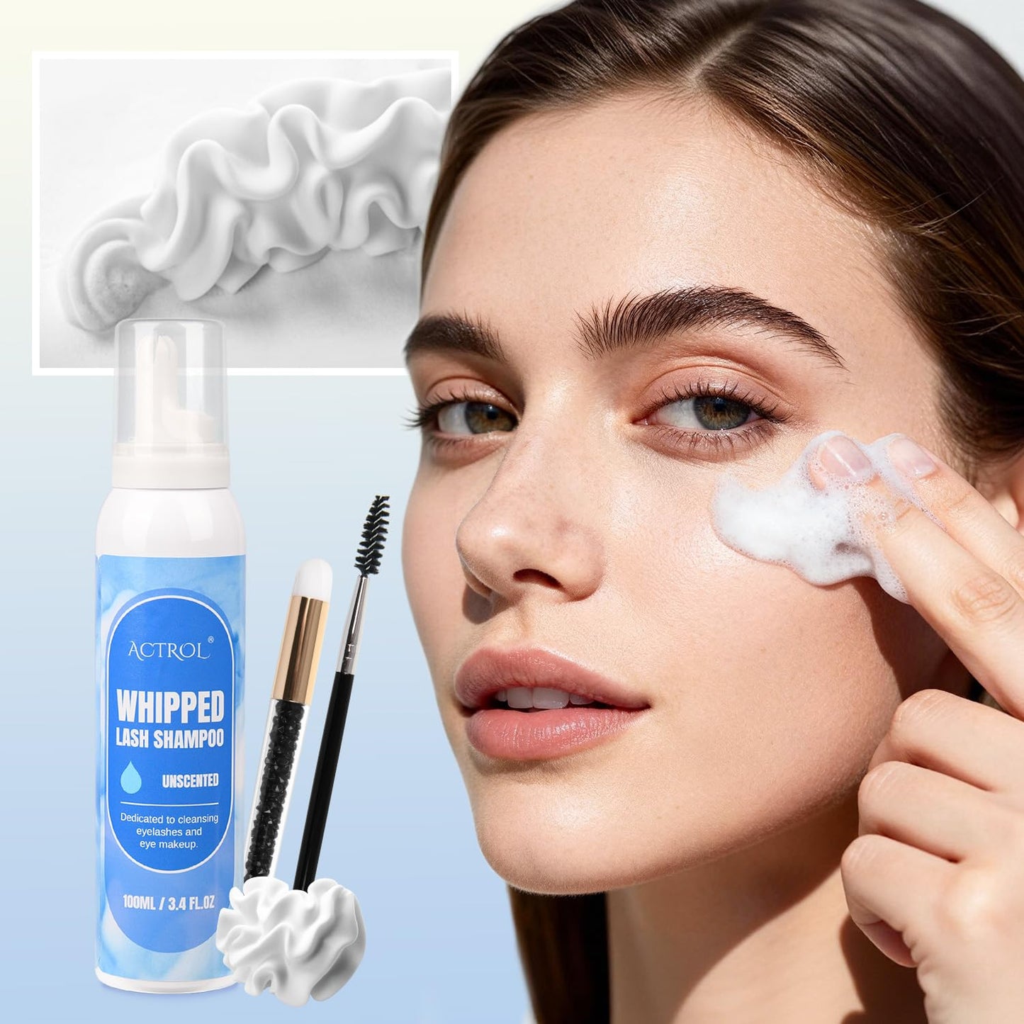 Whipped Lash Shampoo Kit - 100ml Eyelash Cleanser Set with Brush | Unscented Foaming Eye Care