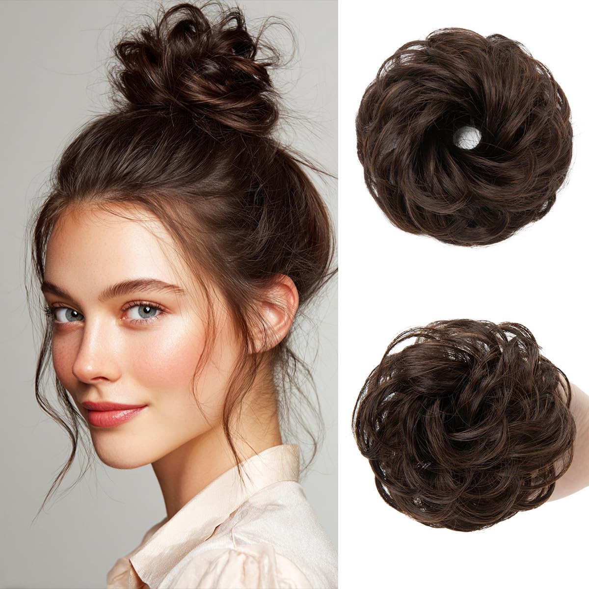 Small Messy Bun Hair Pieces for Women | Synthetic Curly Mini Scrunchies - 2PCs Chocolate