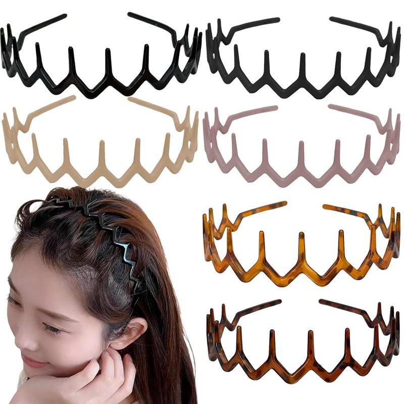 Zig Zag Headbands for Women - Non-Slip Plastic Hair Bands | 6-Pack Retro Style Hair Accessories