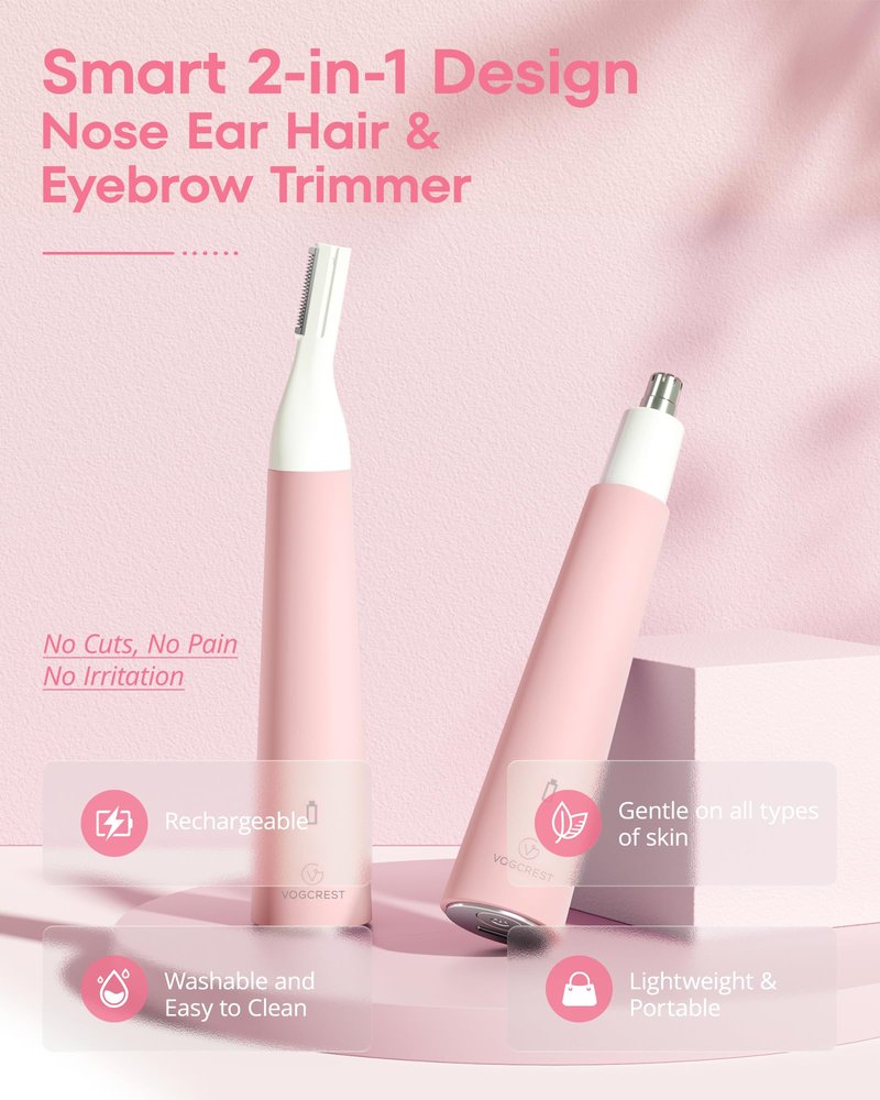 VG VOGCREST Nose Hair Trimmer for Women: Rechargeable Painless Eyebrow Trimmer - Low Noise Portable Facial Hair Removal for Ladies Aged 18-55 - Home Party Travel, Christmas Gifts (Bright Pink)
