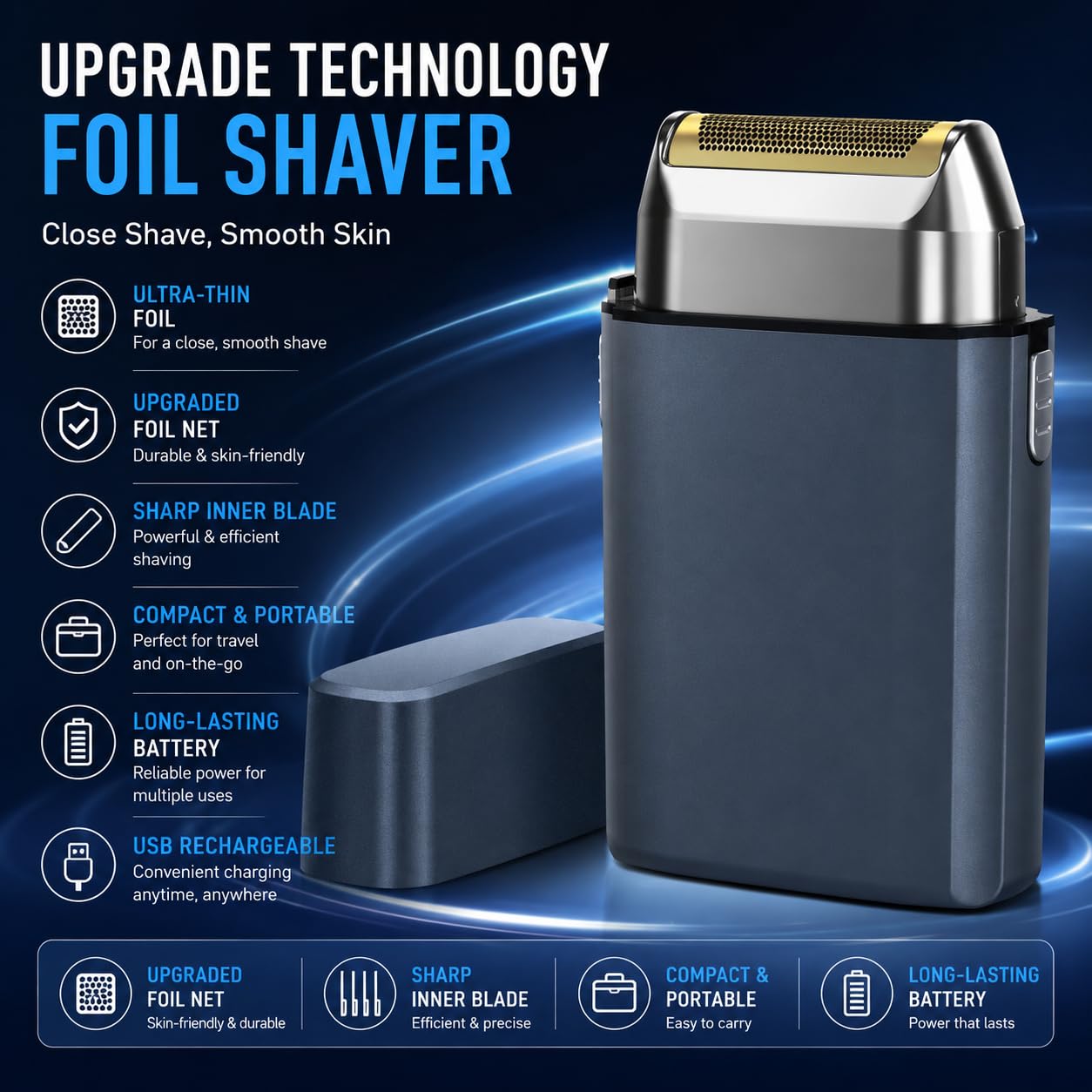 Professional Foil Shaver for Men, Rechargeable Cordless Electric Razor for Ultra-Close Shave, Travel-Friendly Design with Protective Cap & Pouch, High-Speed Powerful Motor - Grey