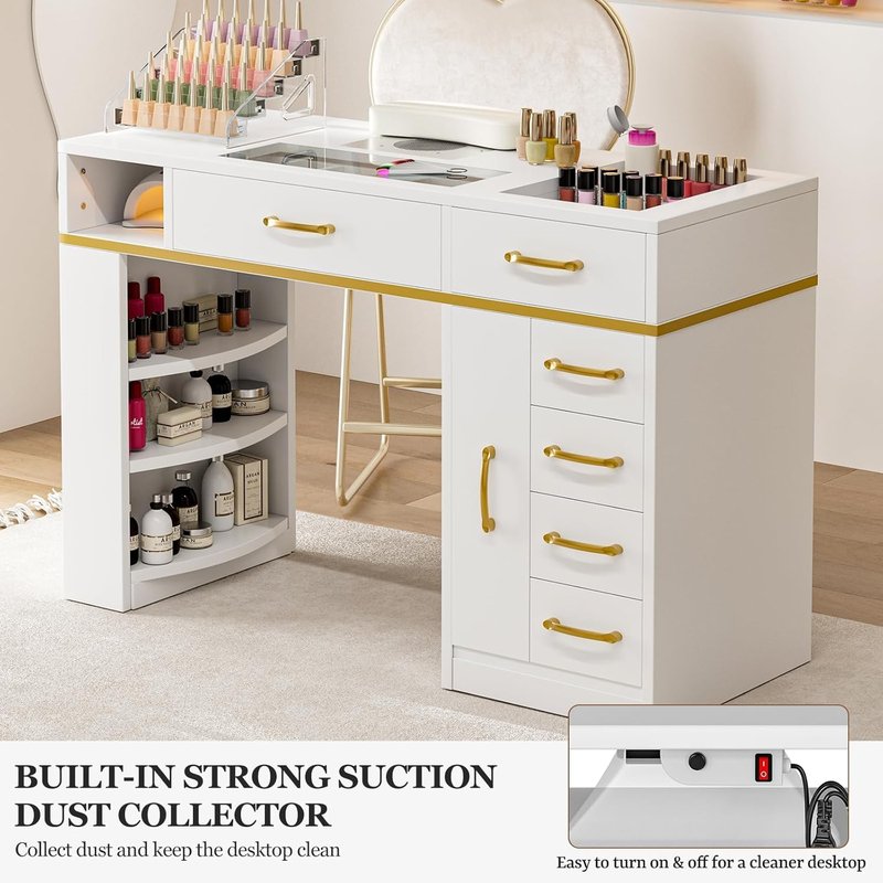 Nail Tech Table - Glass Top Manicure Desk with Dust Collector, 7 Drawers & 3-Tier Shelves | White Finish