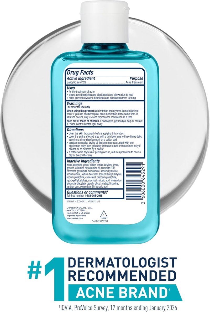 CeraVe BHA Exfoliating Facial Toner - Pore Minimizing & Smoother Skin with 2% Salicylic Acid | 8oz, Fragrance-Free, Sensitive Skin Safe